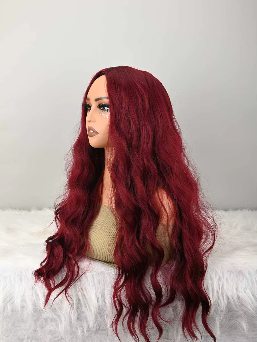 Perruque bordeaux avec frange pour femmes, longue perruque ondulée bordeaux, perruque rouge foncé, aspect naturel, perruque synthétique résistante à la chaleur, pour les fêtes