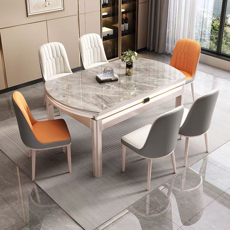 Table à manger ronde extensible et pliable en marbre et bois massif de luxe moderne avec ensemble de chaises 4, 6 places, designs de meubles de restaurant