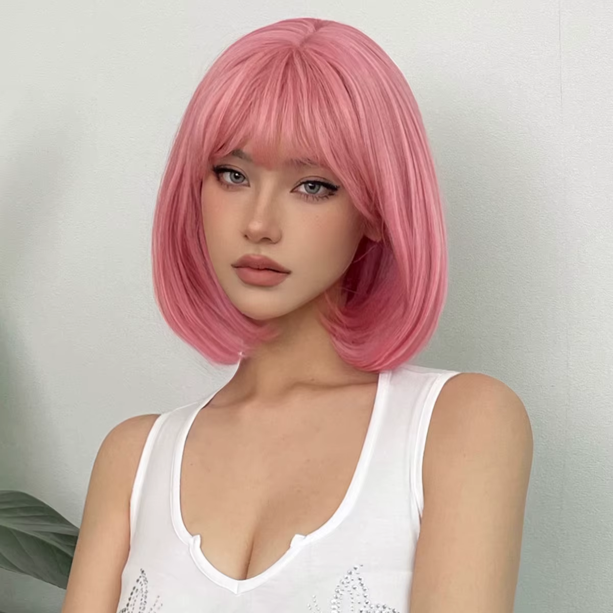Perruques Bob Synthétiques Courtes Droites avec Frange pour Femme, Cheveux Naturels Roses, Cosplay Mignon, Fibre de Degré de Chaleur