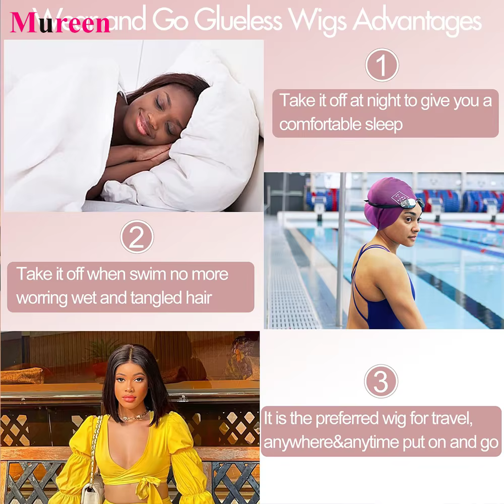 Perruque Bob sans colle Mureen Straight Wear And Go pour femmes