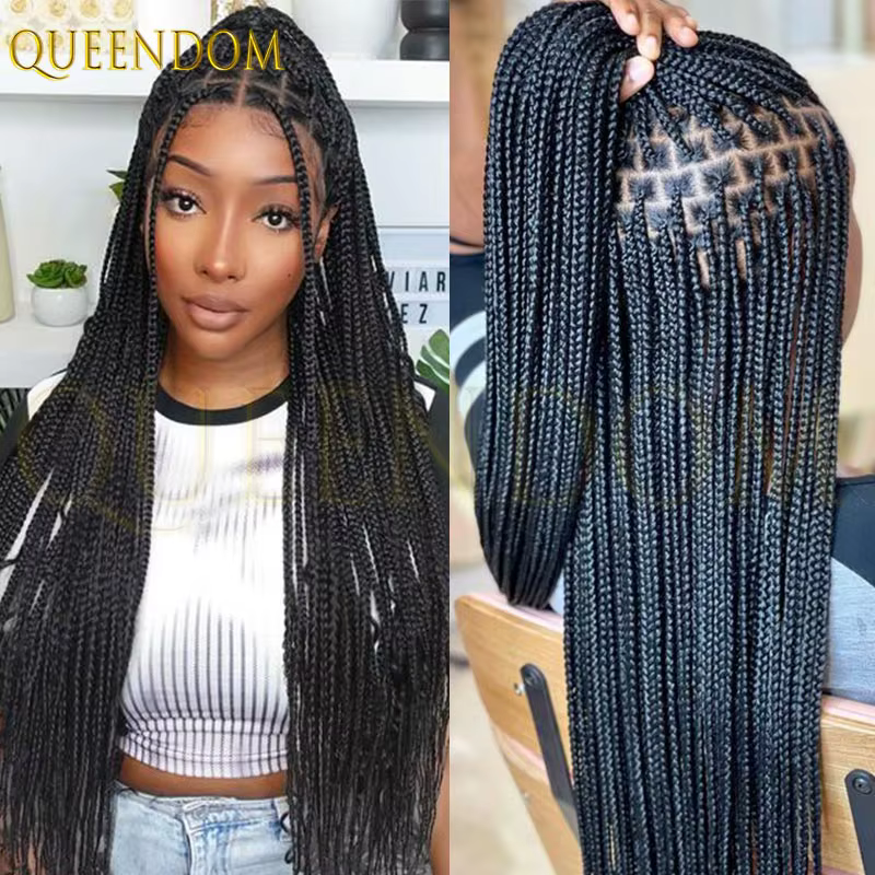 Perruques tressées synthétiques sans nœuds en boîte pleine dentelle Cornrow