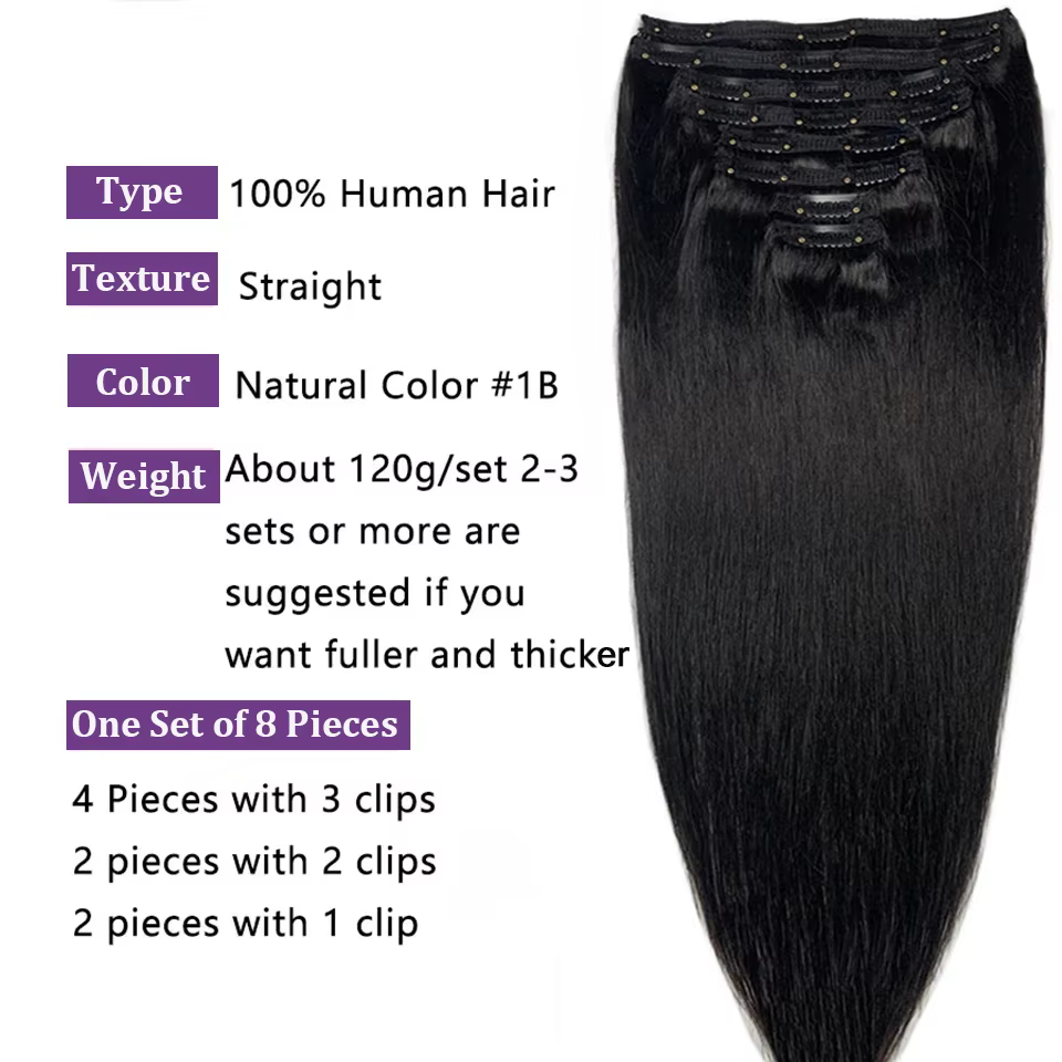 Clip Ins Extensions de cheveux humains brésiliens droits sans couture 10A