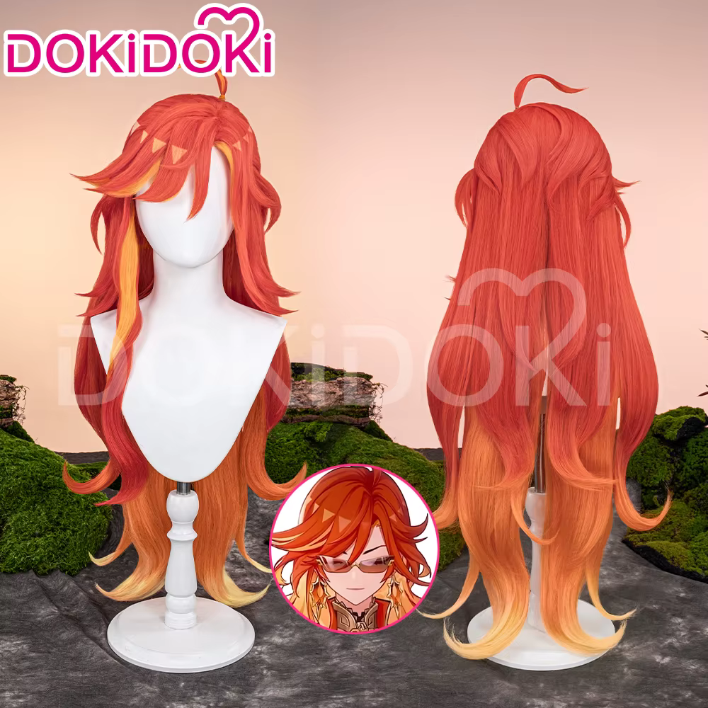 Mavuika perruque jeu Genshin Impact DokiDoki Pyro Archon femmes longue 110 cm perruque lumineuse Natlan Mavuika lunettes Clips d'oreille
