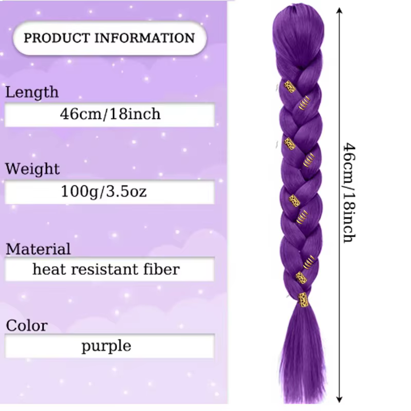 Extensions de queue de cheval tressée violette de 18 pouces avec pinces à cheveux dorées