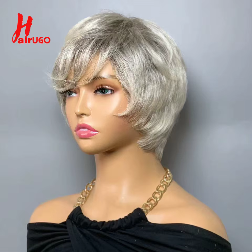Hairugo-Perruques de cheveux humains sans colle avec frange