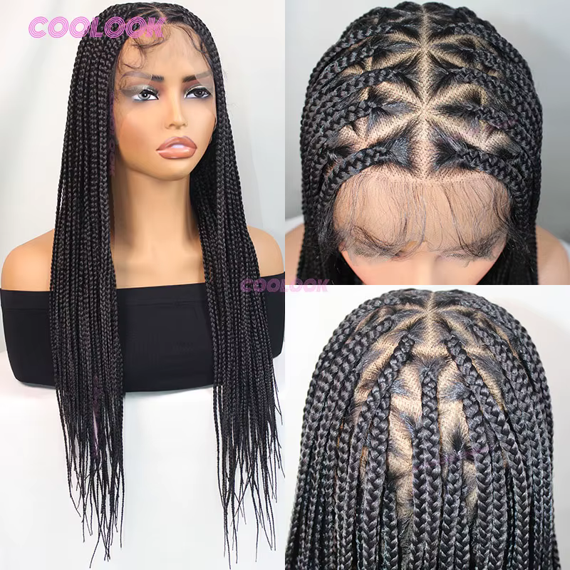 Triangle synthétique tresses cheveux perruque pleine dentelle tressé perruques pour les femmes noires sans noeud boîte