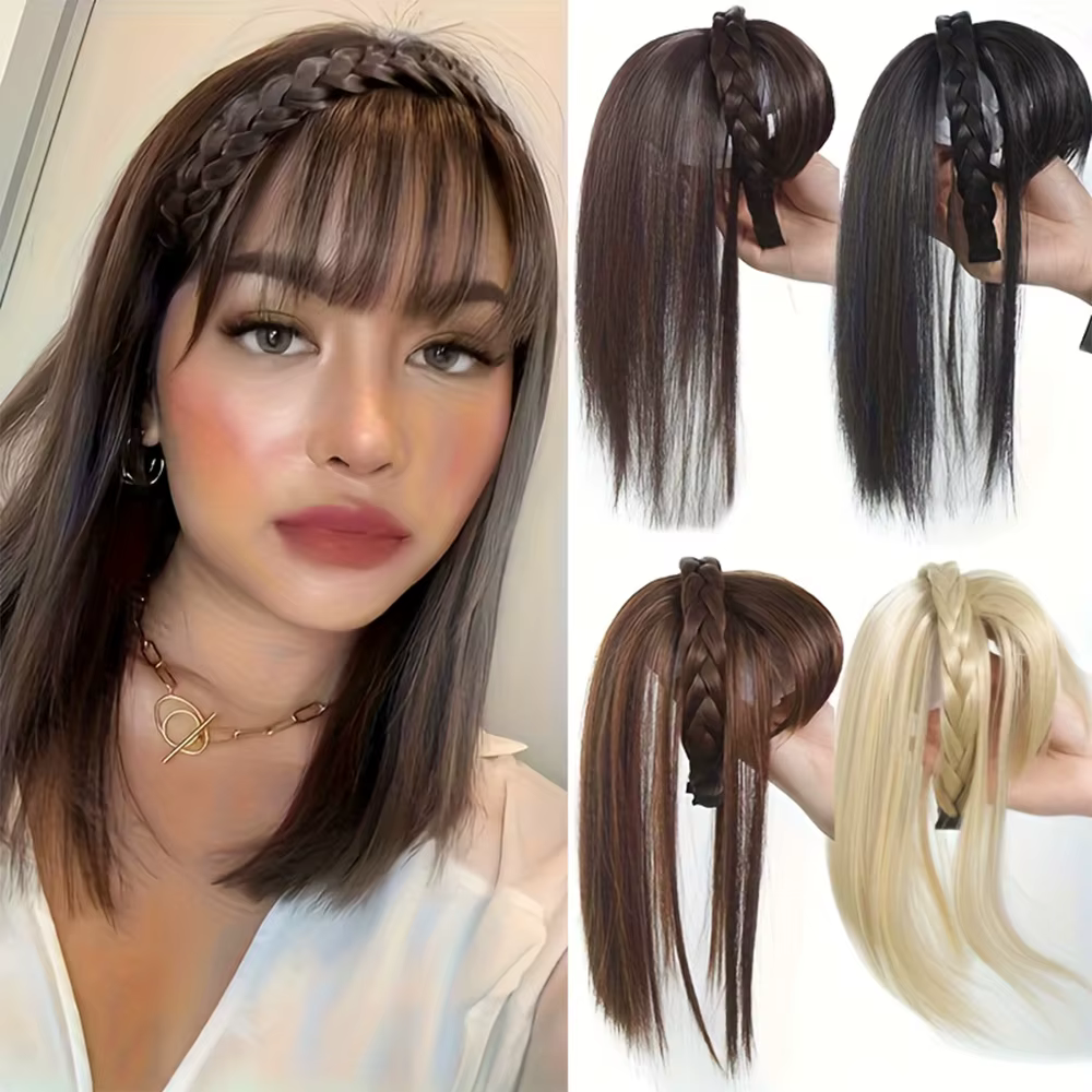 Extensions de cheveux synthétiques lisses effet naturel - Bandeau tressé chic avec postiche à clipser et frange pour femme