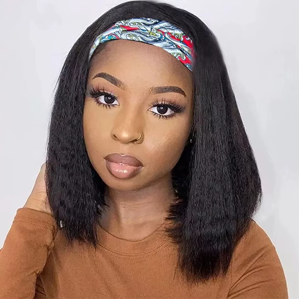 Crépus droite courte Bob bandeau perruque pour femmes brésilien Remy 100% cheveux humains 250% pas cher pleine Machine