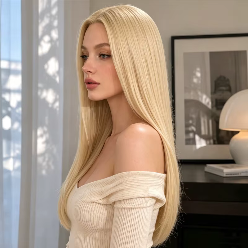 Perruque synthétique blonde droite de 28 pouces de long