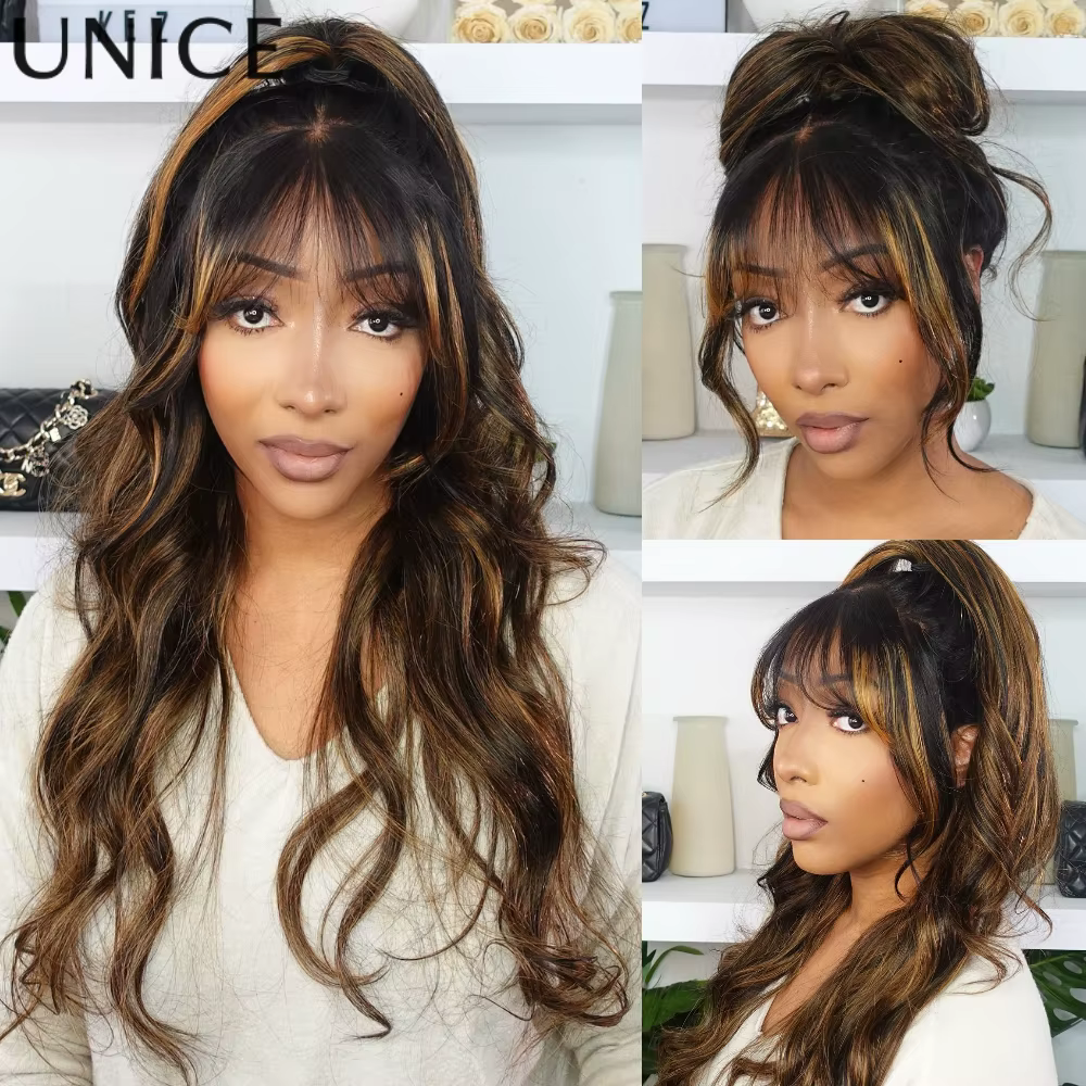 UNice cheveux Balayage met en évidence moelleux vague lâche rideau frange perruque avec cordon sans colle 7x5 13x4 cheve