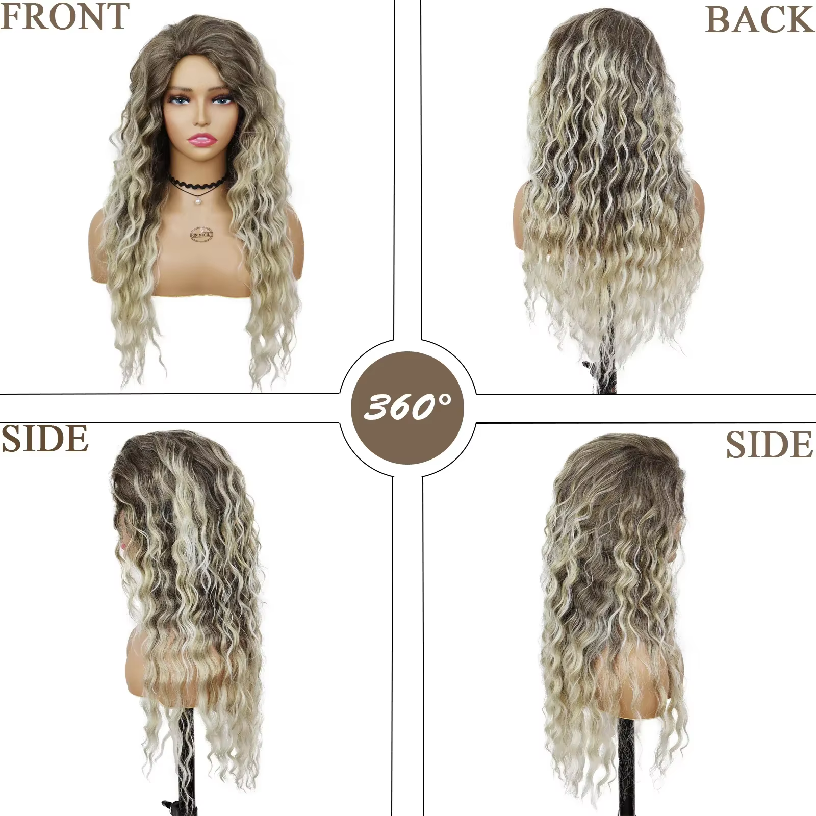 Perruque bouclée synthétique longue ondulée Ombré Blonde pour femmes