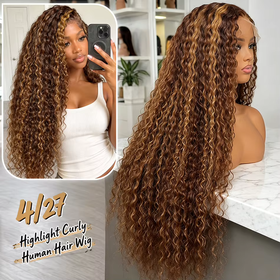 Perruque Lace Frontale 30 Pouces Cheveux Humains Bouclés Ombrés avec Mèches