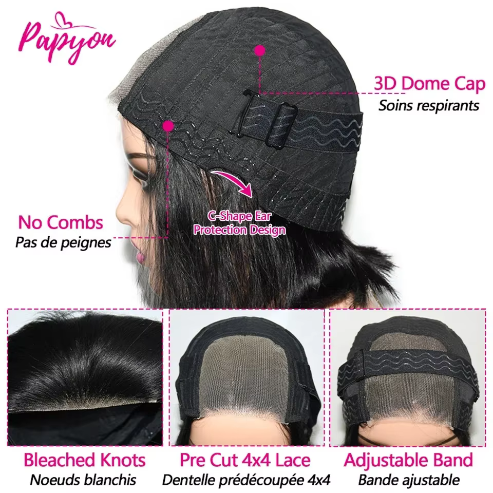 Perruques courtes bob lisses sans colle
