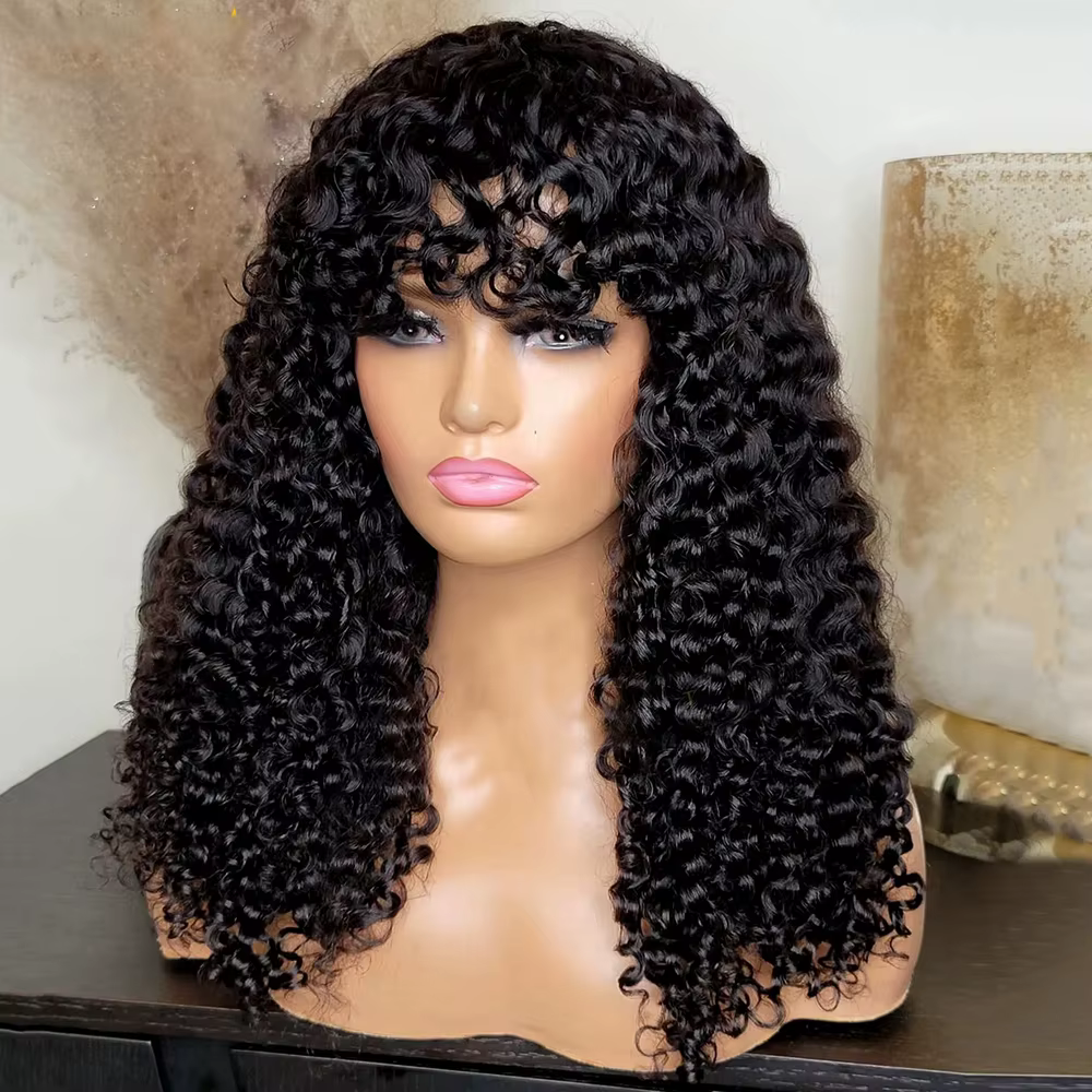 Perruque blonde miel bouclée crépue avec frange pour femme, perruque machine sans colle, cosplay haute température, noir naturel, 26 po de long, 03/3