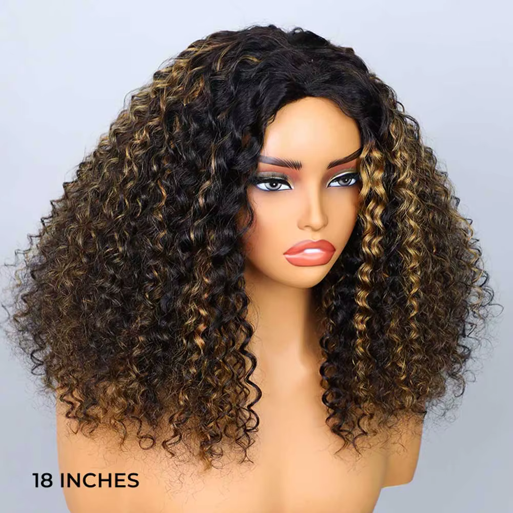 Demi-perruque en cheveux naturels InvisiFit Strap Blonde Highlight Kinky Curly 3-en-1 à cordon de serrage