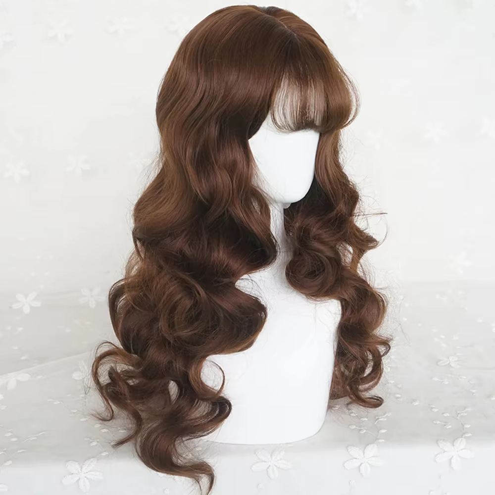 Perruque synthétique longue bouclée ondulée châtain brun avec frange pour femme, style gothique Lolita et usage quotidien, cheveux artificiels réalistes