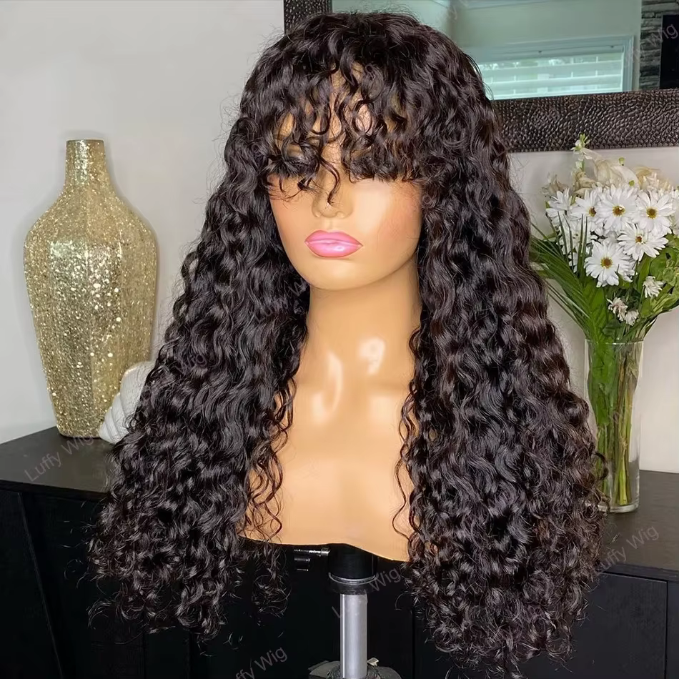 Perruque brésilienne bouclée en cheveux humains avec frange