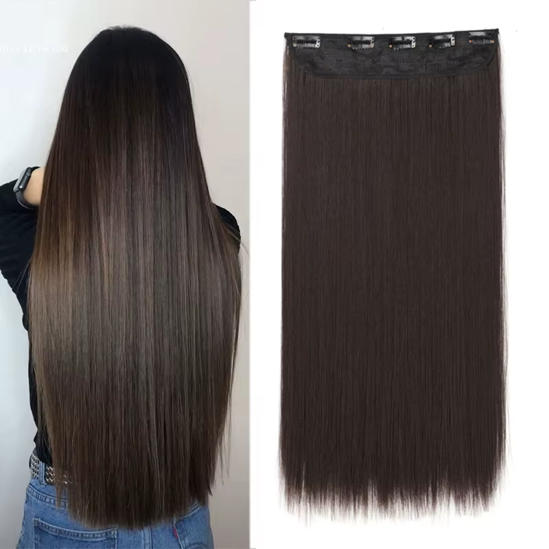 WIGSIN 60 cm synthétique longue droite pince en une seule pièce Extension de cheveux 5 Clips brun noir résistant à la