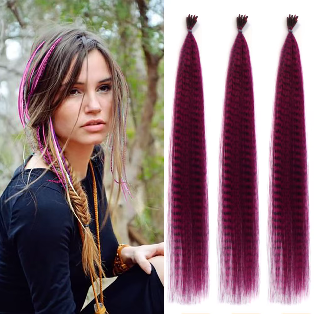 Extensions de cheveux synthétiques colorées à rayures en plumes