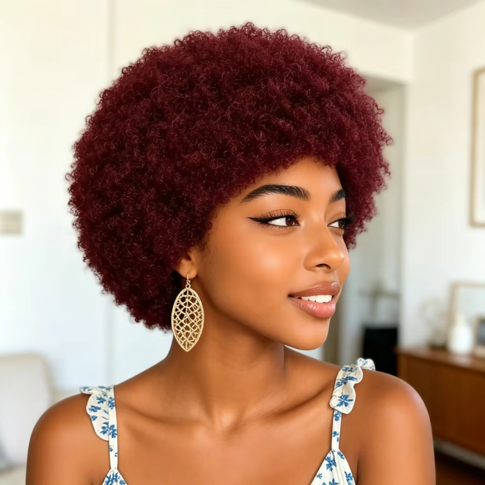 Perruque en cheveux humains bouclés afro 99J bordeaux