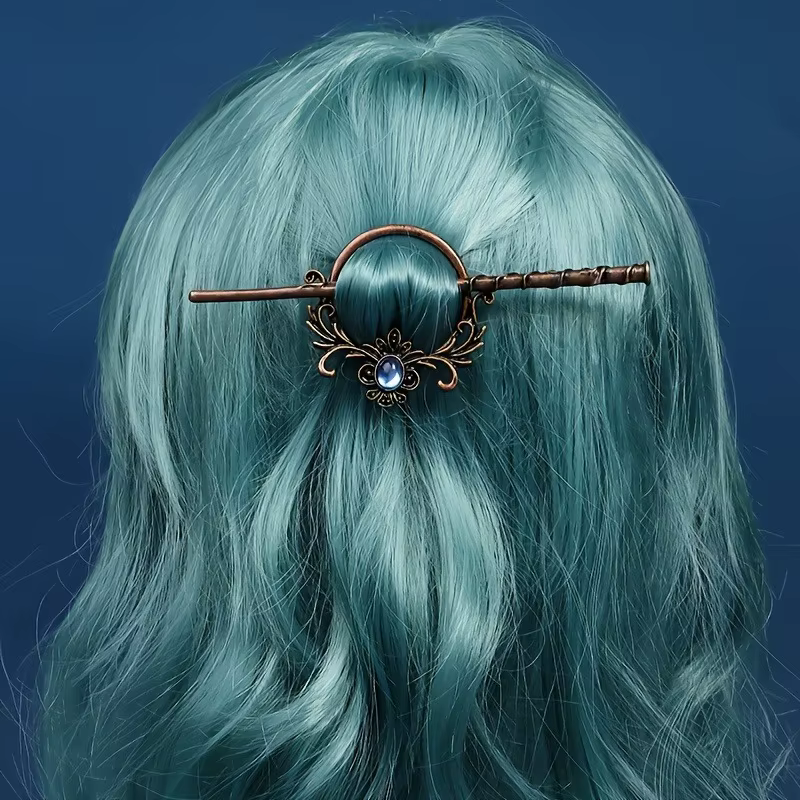 1 pièce de bâton de cheveux de style vintage : cuivre – Tonifié avec une gemme bleue et un motif floral orné