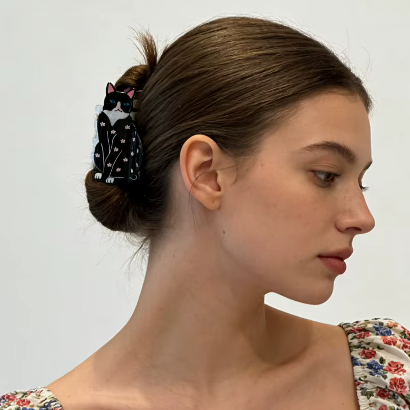 Barrettes à cheveux mignonnes en forme de chat noir floral