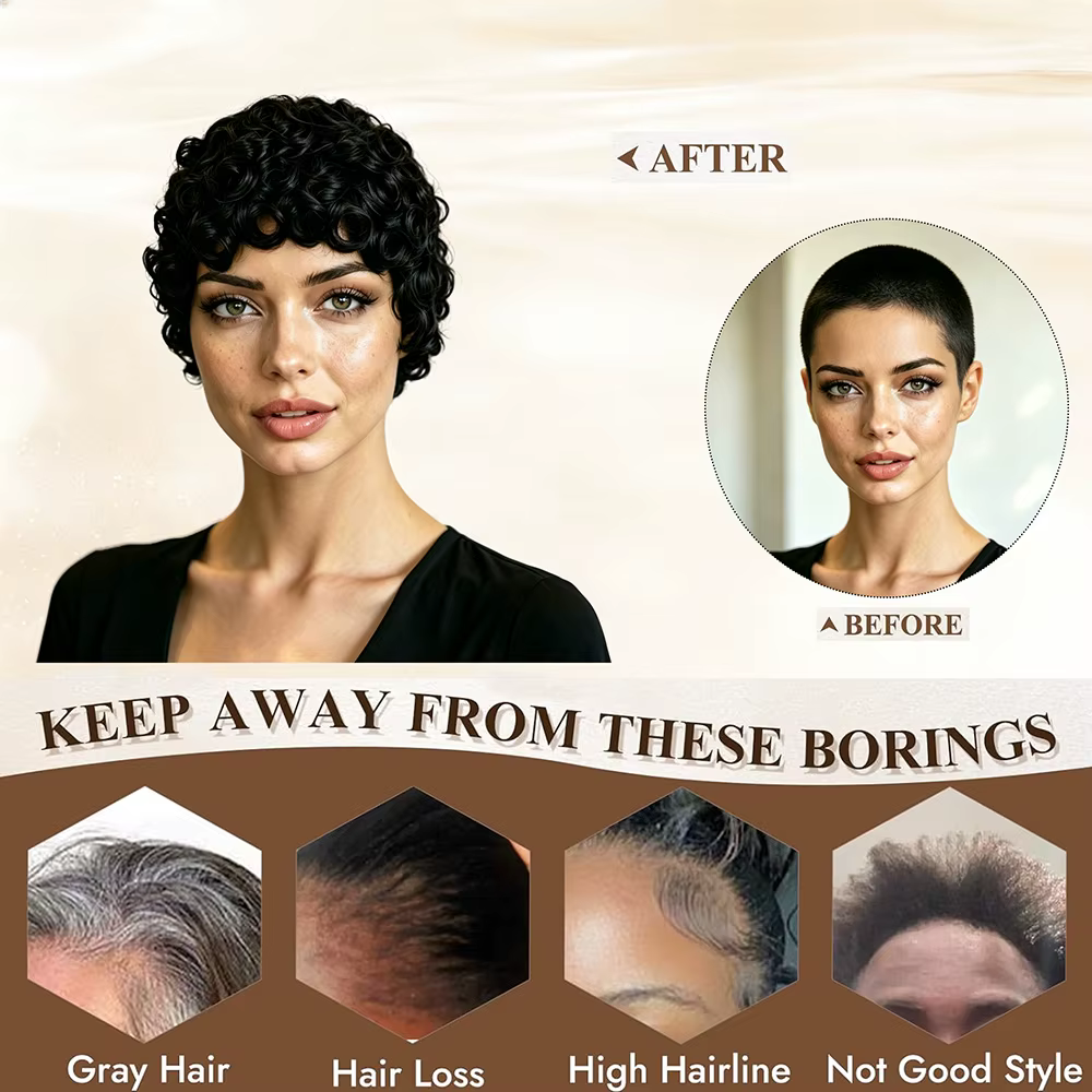 Perruque courte afro bouclée en cheveux humains pour femmes