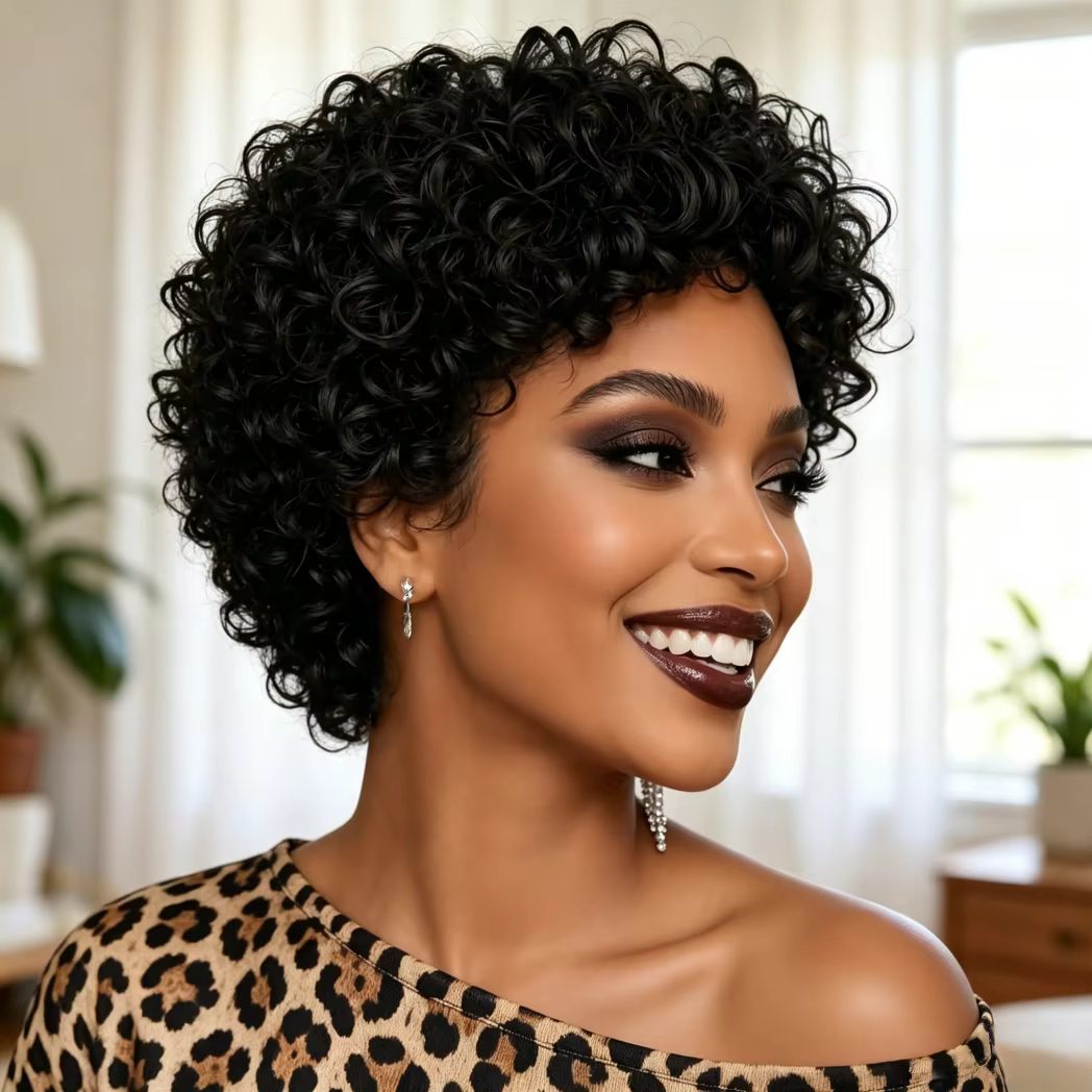 Perruque courte bouclée en cheveux humains pour femmes