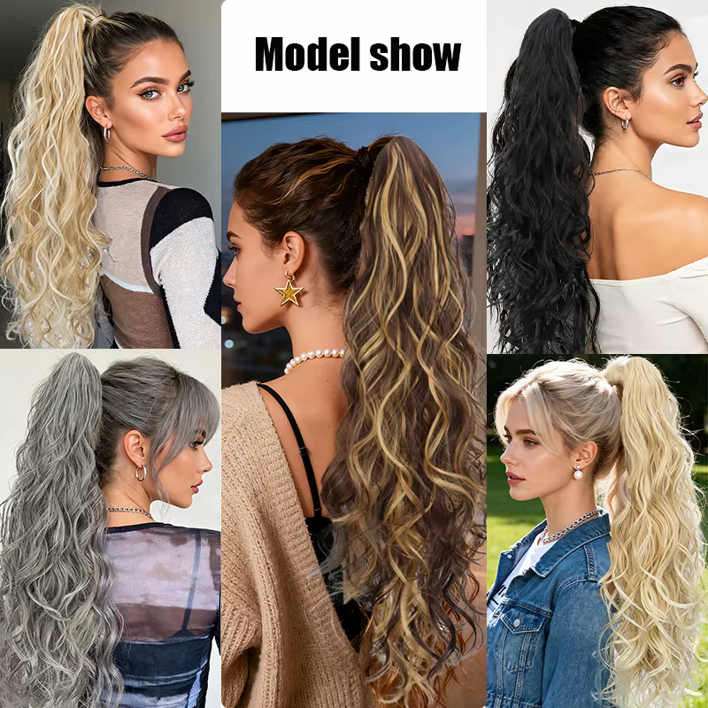 Perruque queue de cheval synthétique pour femmes, longue et bouclée, avec cordon de serrage, Extensions capillaires à clipser pour ajouter du Volume et du Style