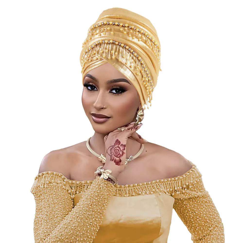 Couvre-chef africain femmes perles glands Turban casquette mariage nigérian Auto Gele fête casque tête enveloppement Hijab Bonnet chapeau coiffure