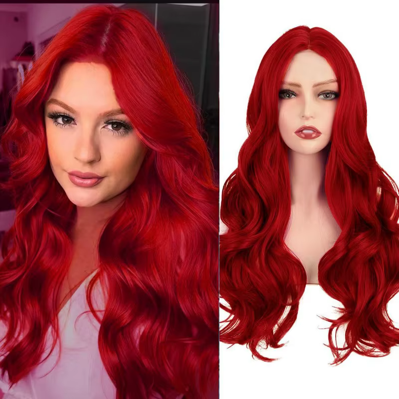 Perruque synthétique ondulée longue bouclée rouge résistante à la chaleur avec frange pour femmes