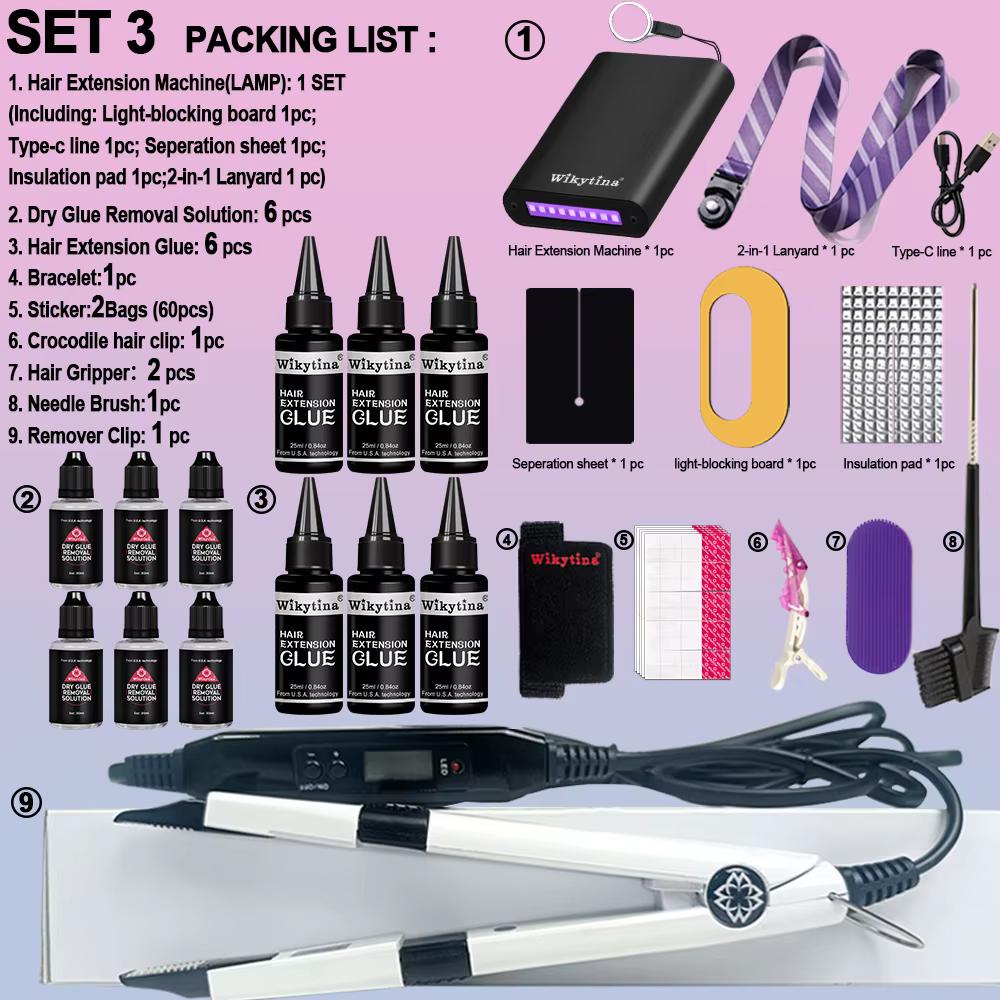 Kit d'extensions de cheveux professionnel V-Light avec colle UV pour salon et usage domestique - Machine à extensions