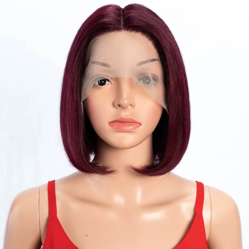 Perruques Lekker Burgundy en solde, 100% cheveux humains, courtes, lisses, coupe bob, raie au milieu, Lace Front pour femmes, cheveux brésiliens Remy, sans colle