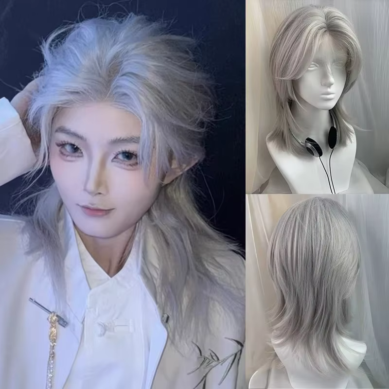 Lolita perruque synthétique front dentelle queue de loup cheveux courts bouclés argent gris superposition quotidien