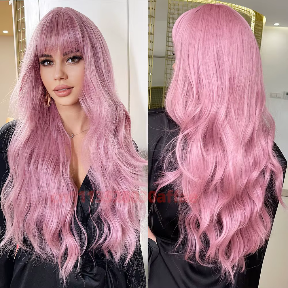Perruque synthétique longue rose bouclée ondulée tendance avec frange