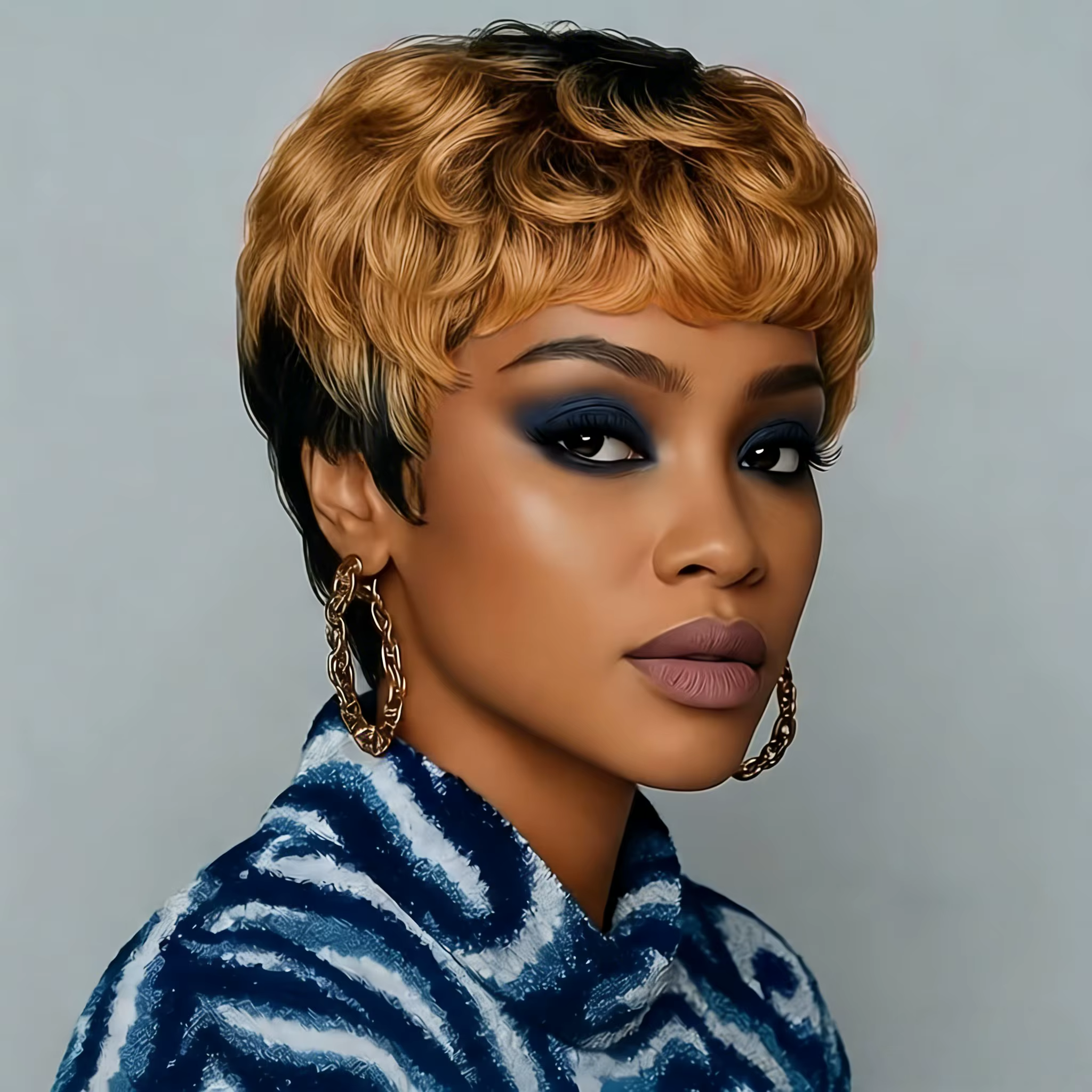 Perruque Pixie Cut en cheveux humains bouclés ondulés avec frange