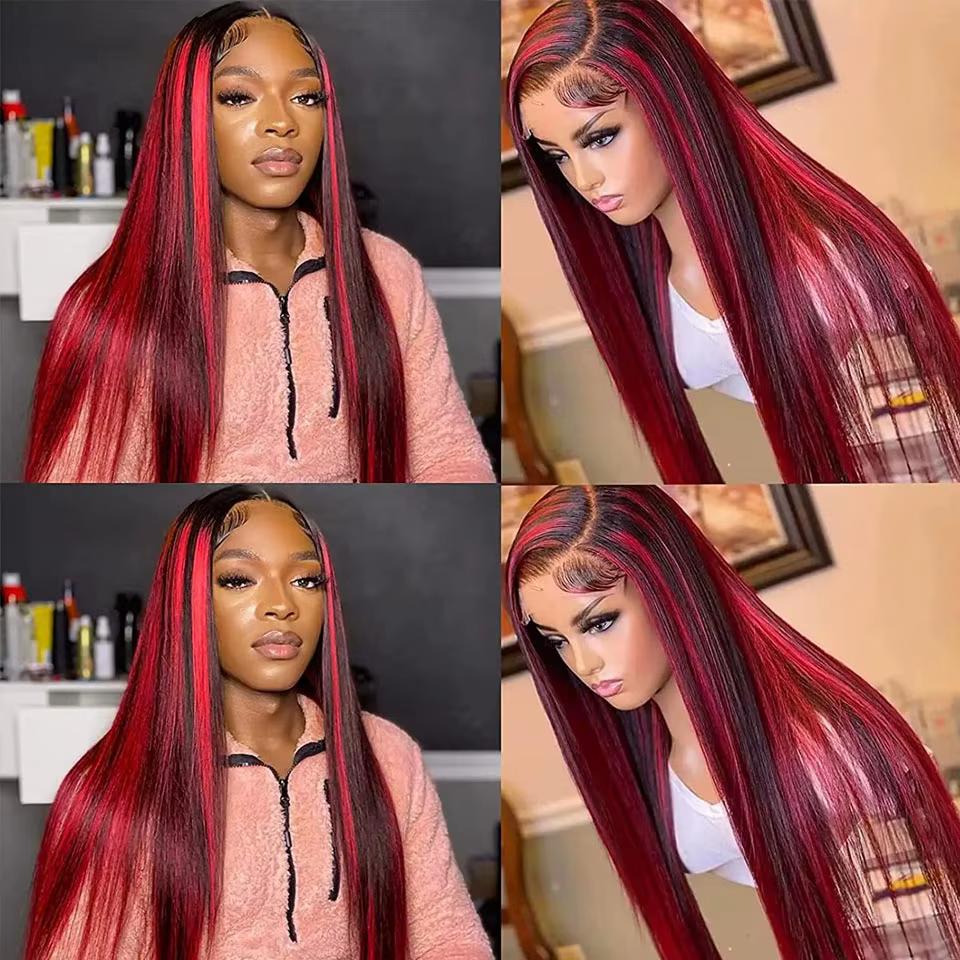 Ombre mettre en évidence bordeaux perruque cheveux humains 13x4 droite dentelle avant