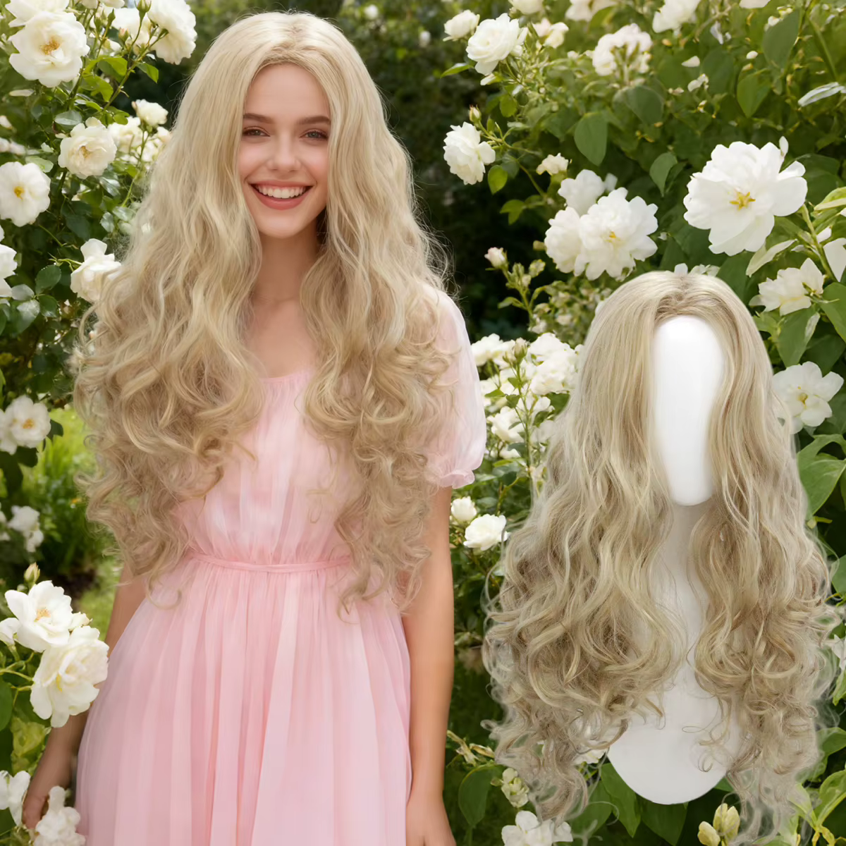 Perruque synthétique longue et bouclée blonde pour femme