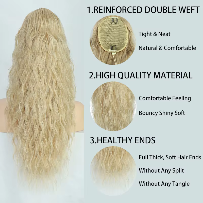 Extension de cheveux queue de cheval ondulée longue bouclée pour femmes postiche queue de cheval synthétique naturelle avec cordon bordeaux blond fausse queue de poney