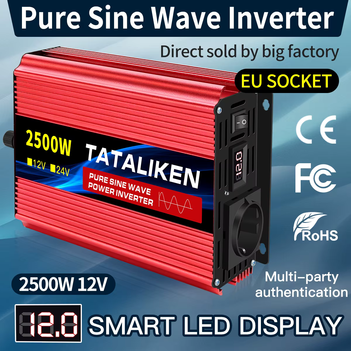 Onduleur à onde sinusoïdale Pure 2500W/3500W/4500W/5000WDC 12V/24V à AC 220V 230V, convertisseur de transfert de tension, adaptateur de charge, prise ue