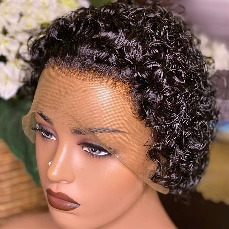 Perruque coupe lutin courte bouclée avant de lacet perruques de cheveux humains pour les femmes noires vague d'eau
