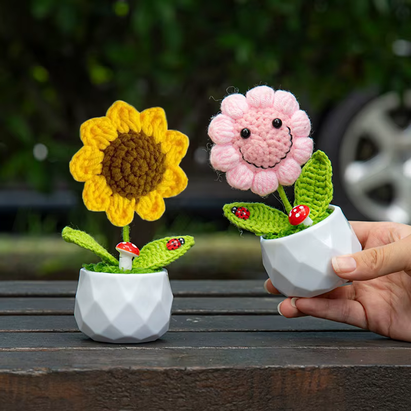 Fleur artificielle au Crochet de tournesol tissée à la main, plantes au Crochet finies, cadeaux d'invité de mariage, décoration de bureau