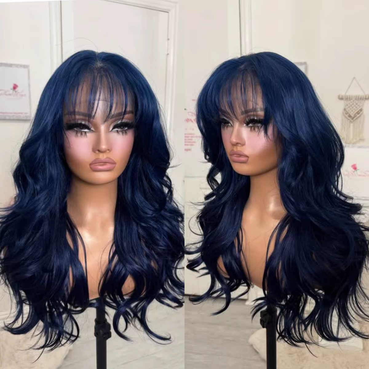 Perruque Lace Frontale Ondulée Bleu Foncé avec Frange 13x4 HD pour Femme, Synthétique de Haute Qualité pour Usage Quotidien et Cosplay