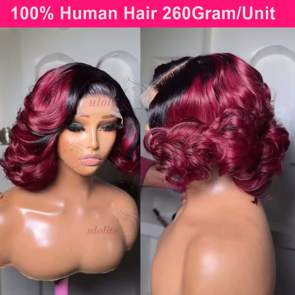 Perruque Lace Frontal Wig sans colle bouclée et rebondissante T1B/99J bordeaux