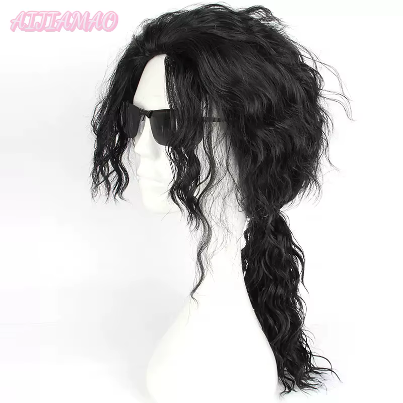 Perruque noire bouclée mi-longue