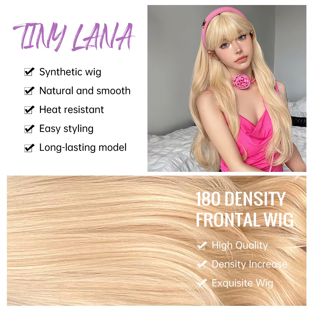 Perruques synthétiques ondulées blondes longues avec frange