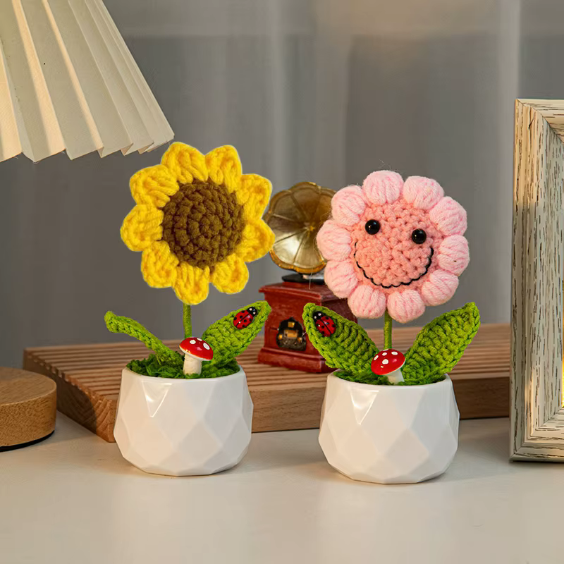 Fleur artificielle au Crochet de tournesol tissée à la main, plantes au Crochet finies, cadeaux d'invité de mariage, décoration de bureau