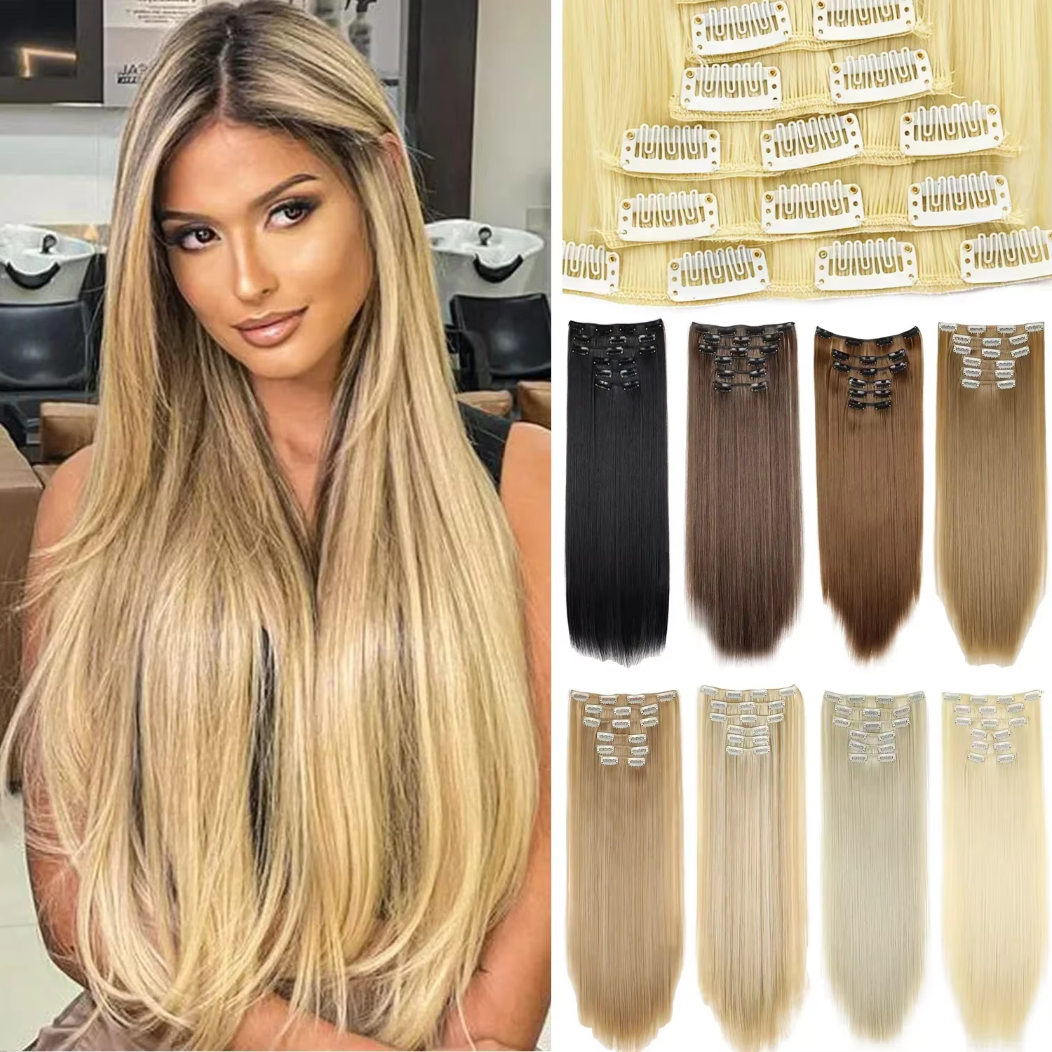 Extensions de cheveux noirs 24 "/60 cm 6 pièces/ensemble femmes longue ligne droite synthétique pleine tête pince 16