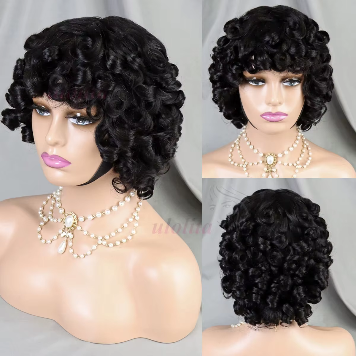 Fumi bouclés perruques de cheveux humains frange perruque coupe lutin Rose