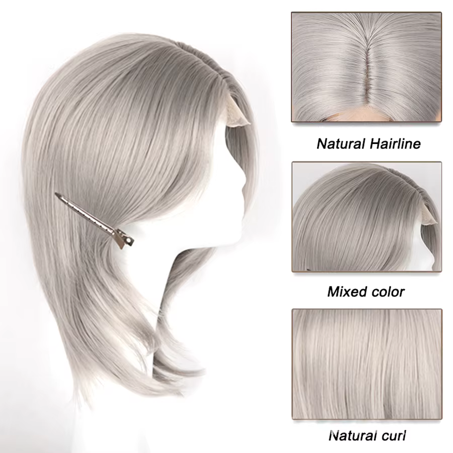 Lolita perruque synthétique front dentelle queue de loup cheveux courts bouclés argent gris superposition quotidien